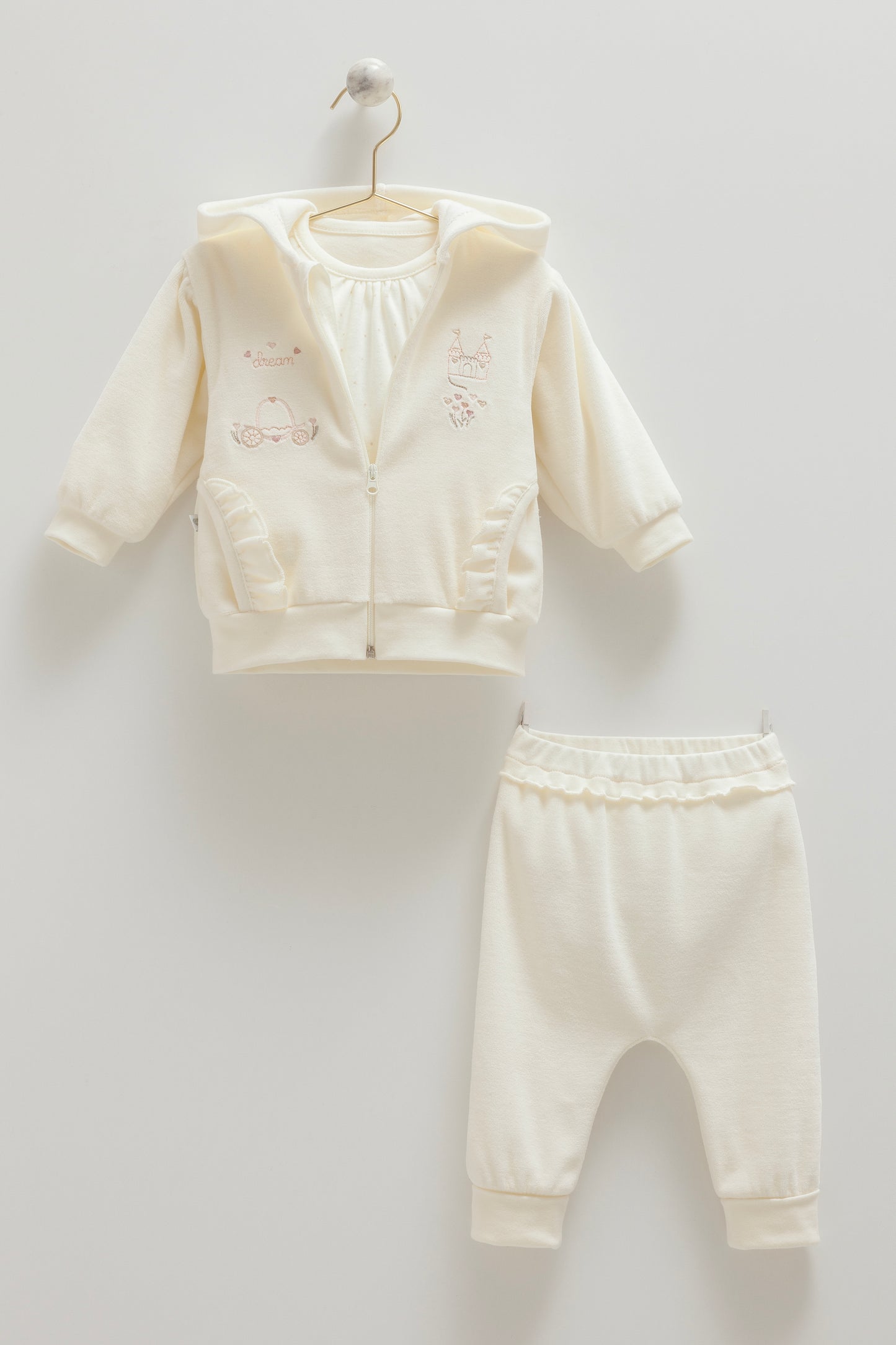 طقم بيبي مخمل ٣ قطع ٣-١٨شهر ايفوري