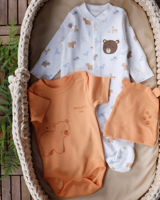 طقم أفرهول بيبي قطن ٣ قطع🐻🧡