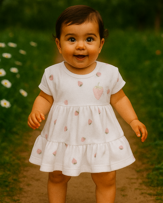فستان صيفي برسمة الفراولة - الأبيض🍓