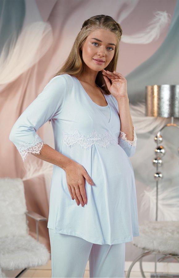 Lace Sleeve Detail Maternity Pajama Set - Blue